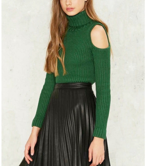 Bardot Sweaters - Bardot Green Knit Cold Shoulder Turtleneck Sweater